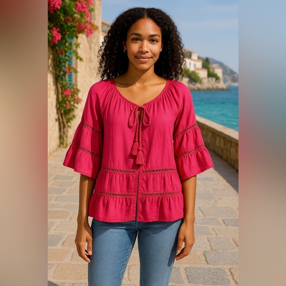 Pink Boho Tassel Peasant Top Tiered Ruffle Sleeve Resort Jacket EUC XL #1451 - Picture 1 of 10